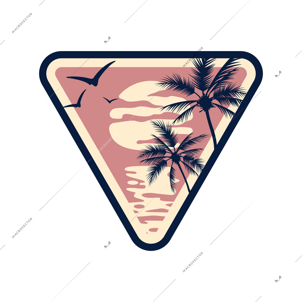 Summer vacation hand drawn triangular emblem in retro style with sunset sea palms vector illustration