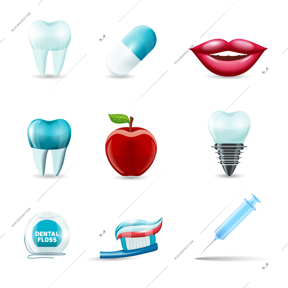 Dental health and caries teeth healthcare instruments dent protection realistic icons set isolated vector illustration