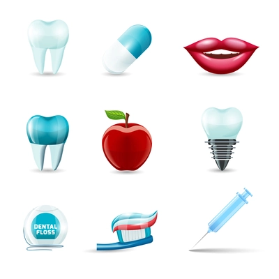 Dental health and caries teeth healthcare instruments dent protection realistic icons set isolated vector illustration