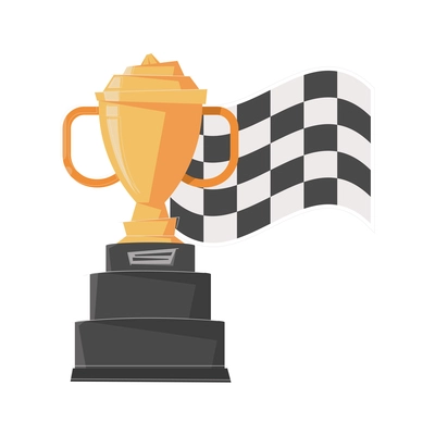 Flat icon with black and white checkered flag and cup for race winner vector illustration