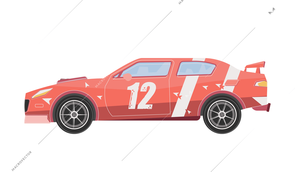 Flat side view of red racing car with number twelve vector illustration