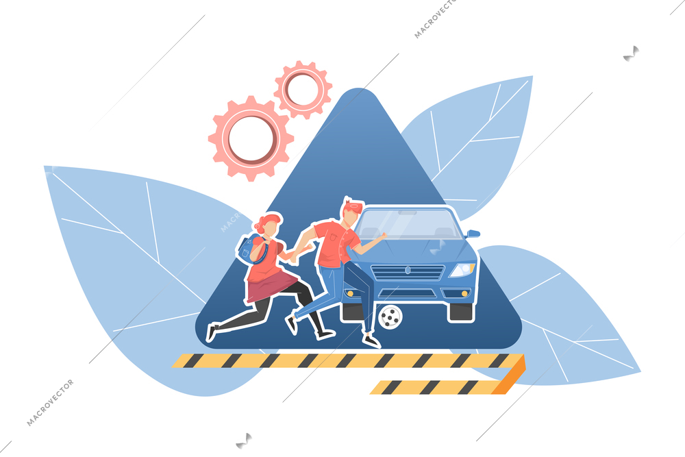Car accident concept with children crossing road in front of coming automobile flat vector illustration