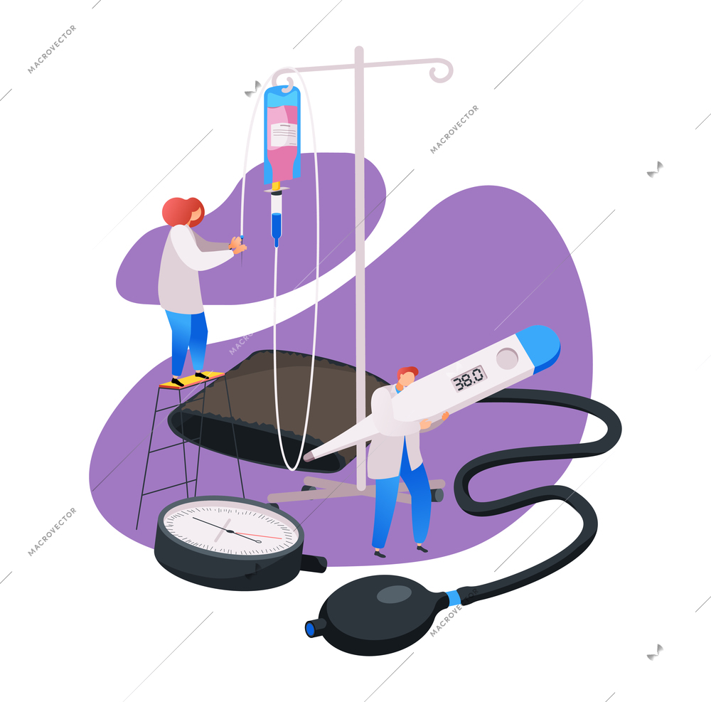 Medical center flat composition with characters of doctors and medical supplies vector illustration