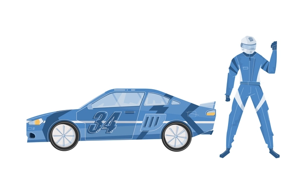 Flat racing car and character of racer in helmet and blue outfit vector illustration