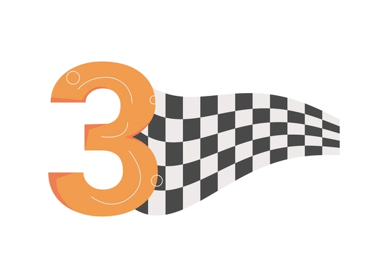 Flat racing icon with waving checkered flag and number three vector illustration