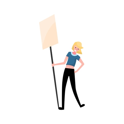 Happy teen activist standing with blank banner on stick flat vector illustration