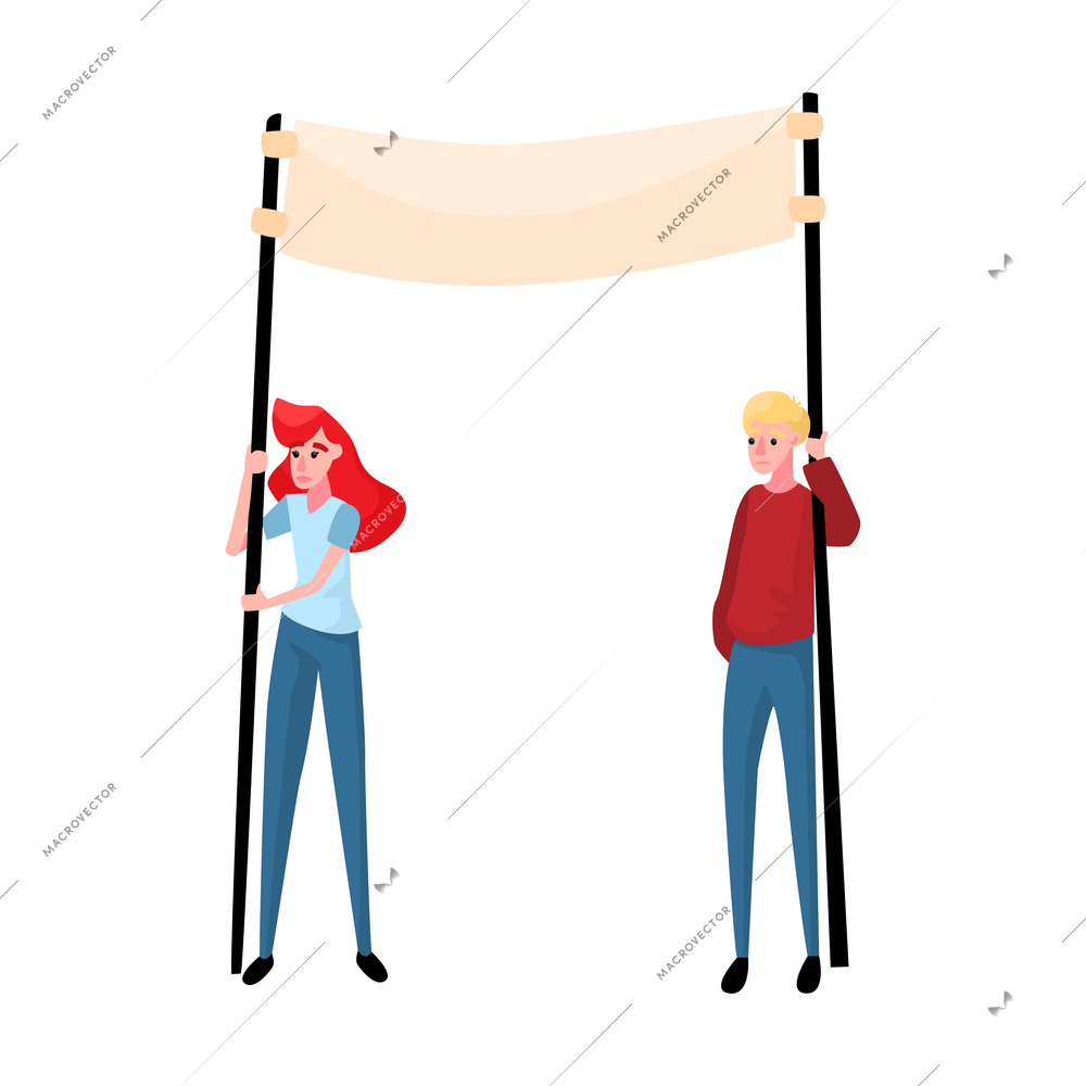 Sad protesting people holding blank banner on two sticks flat vector illustration