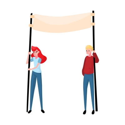 Sad protesting people holding blank banner on two sticks flat vector illustration