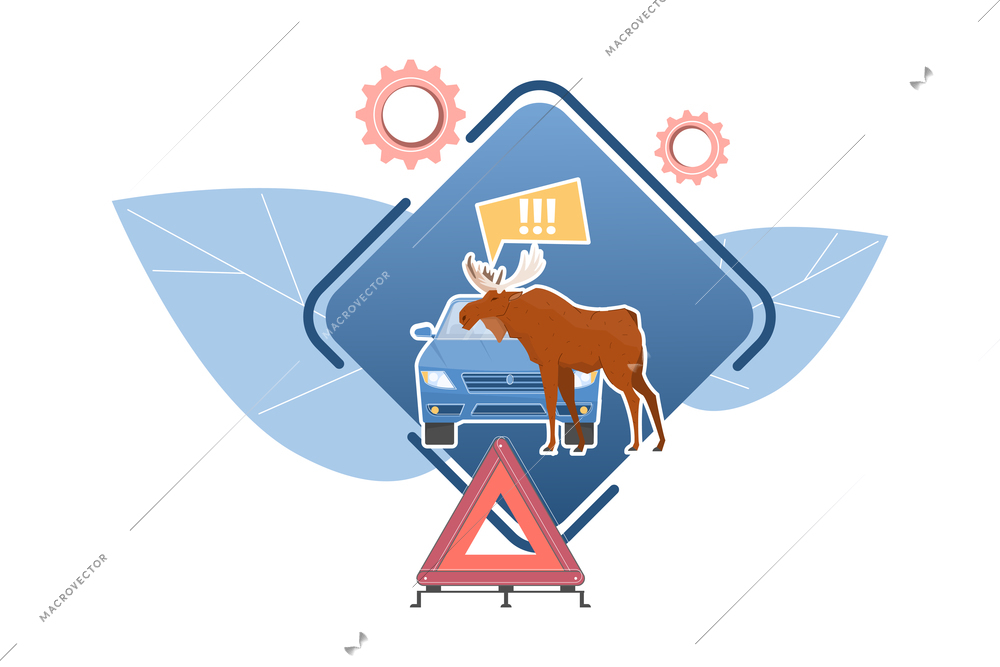 Car accident concept with flat elements passenger car and elk crossing road vector illustration