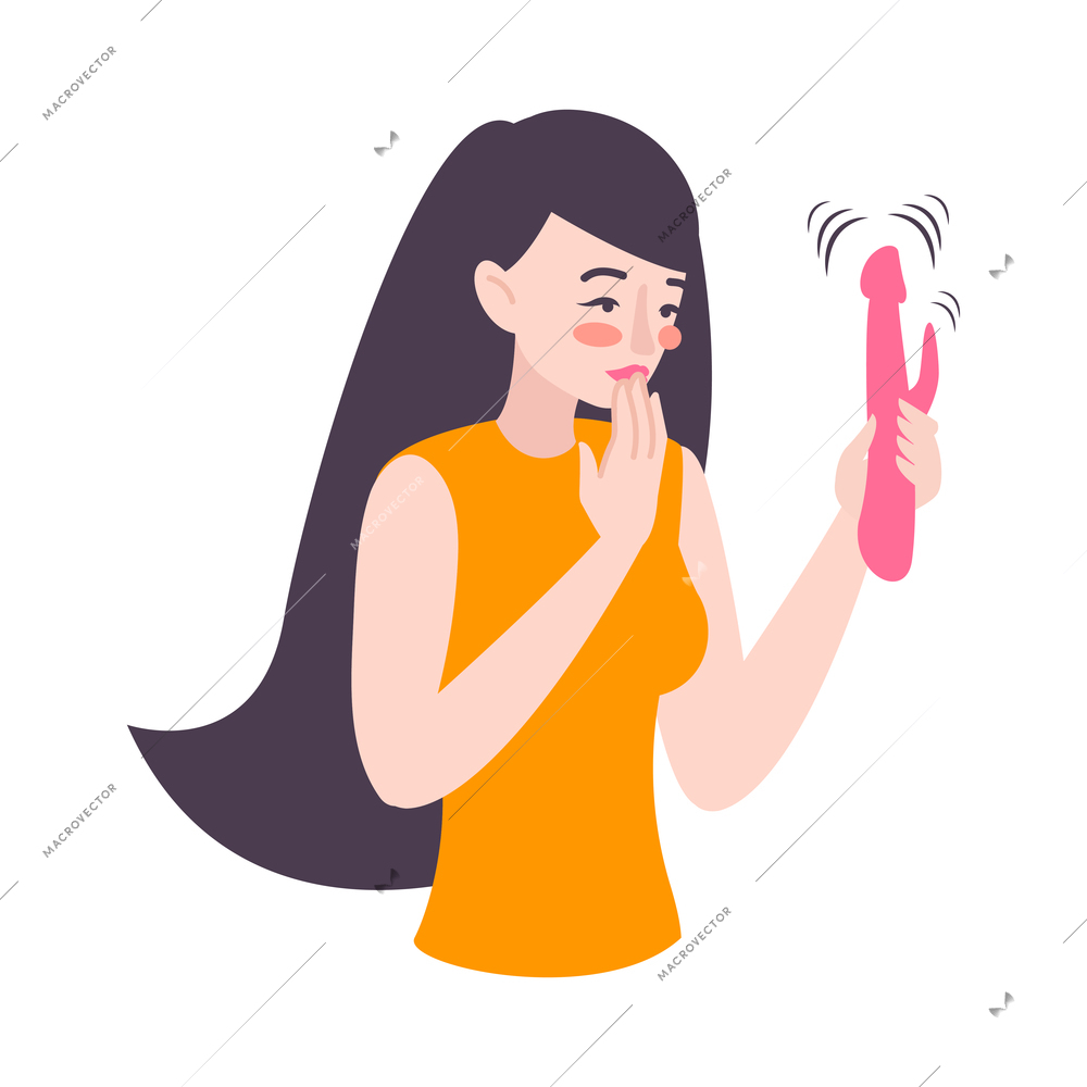 Sex shop flat icon with woman holding pink vibrator vector illustration