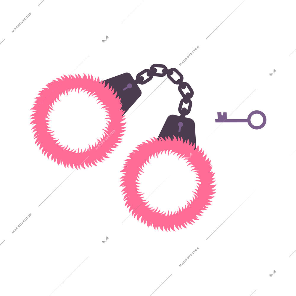 Fluffy handcuffs and key for sex games flat icon vector illustration