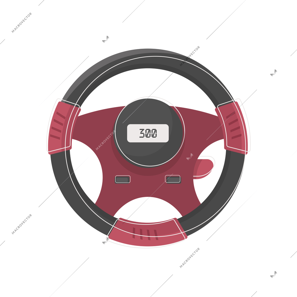 Racing car steering wheel in red and black colors flat vector illustration