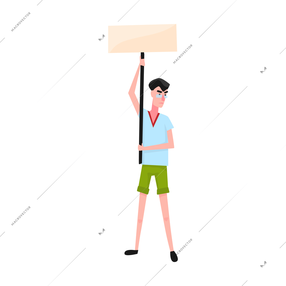 Male angry protester in glasses holding blank placard on stick flat vector illustration