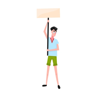 Male angry protester in glasses holding blank placard on stick flat vector illustration