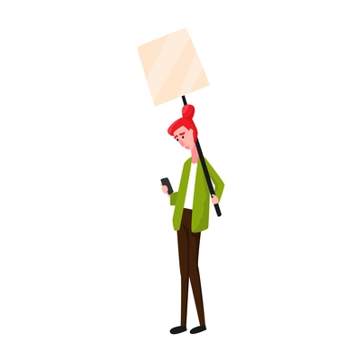 Sad woman protester with smartphone and blank placard on stick flat vector illustration