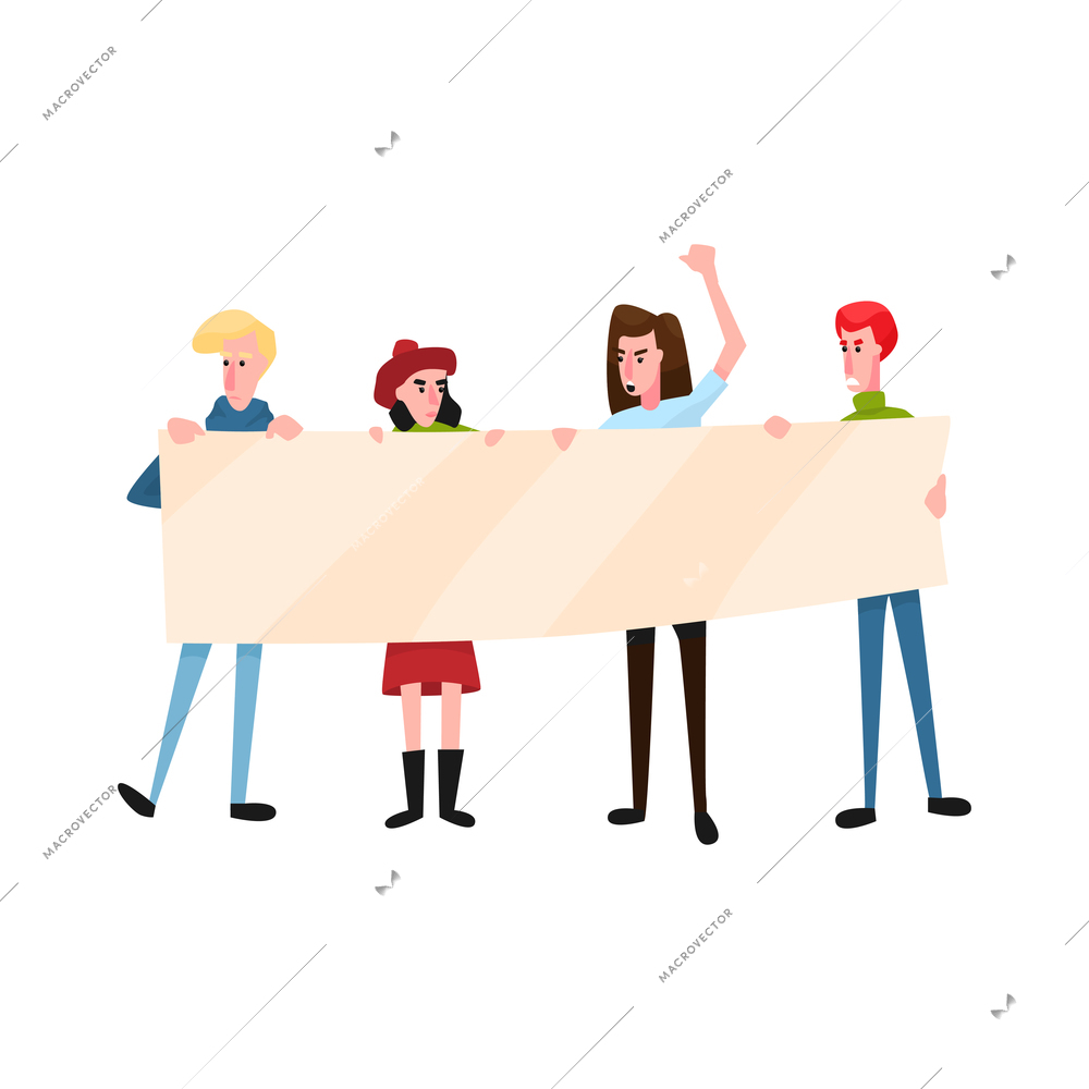 Flat group of angry protesting people holding demonstration banner vector illustration