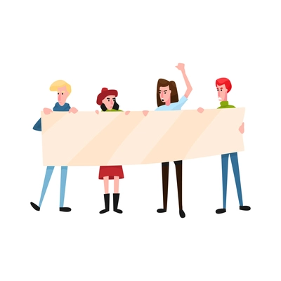 Flat group of angry protesting people holding demonstration banner vector illustration