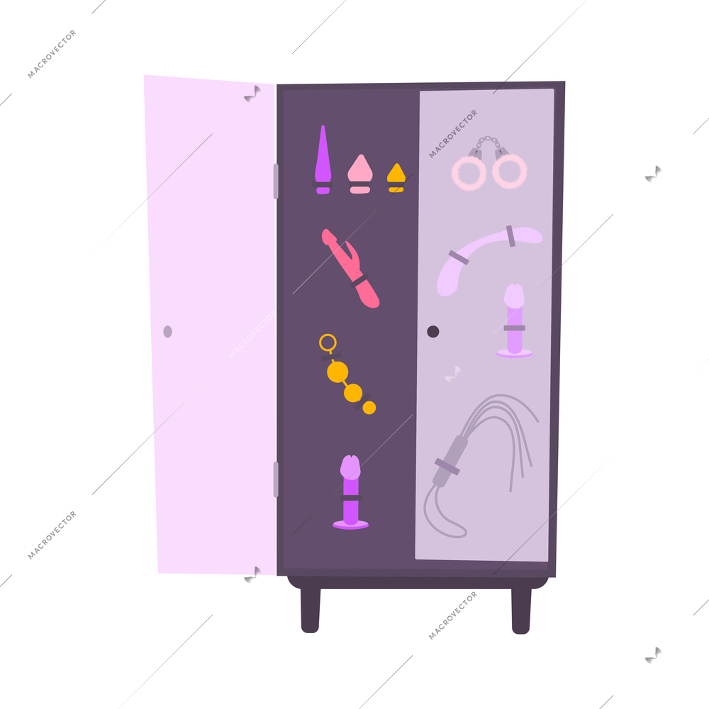 Flat icon with various sex toys in closet vector illustration