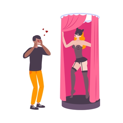 Sex shop flat icon with man looking at his girlfriend in sexy lingerie vector illustration