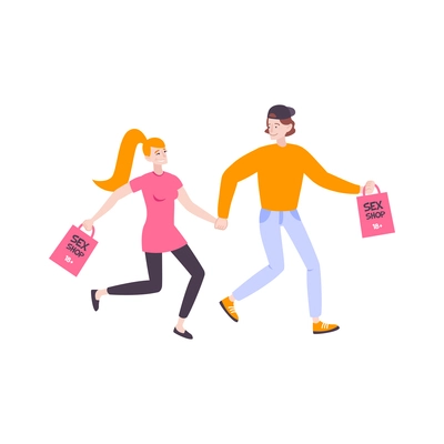 Happy couple going with purchases from sex shop flat vector illustration