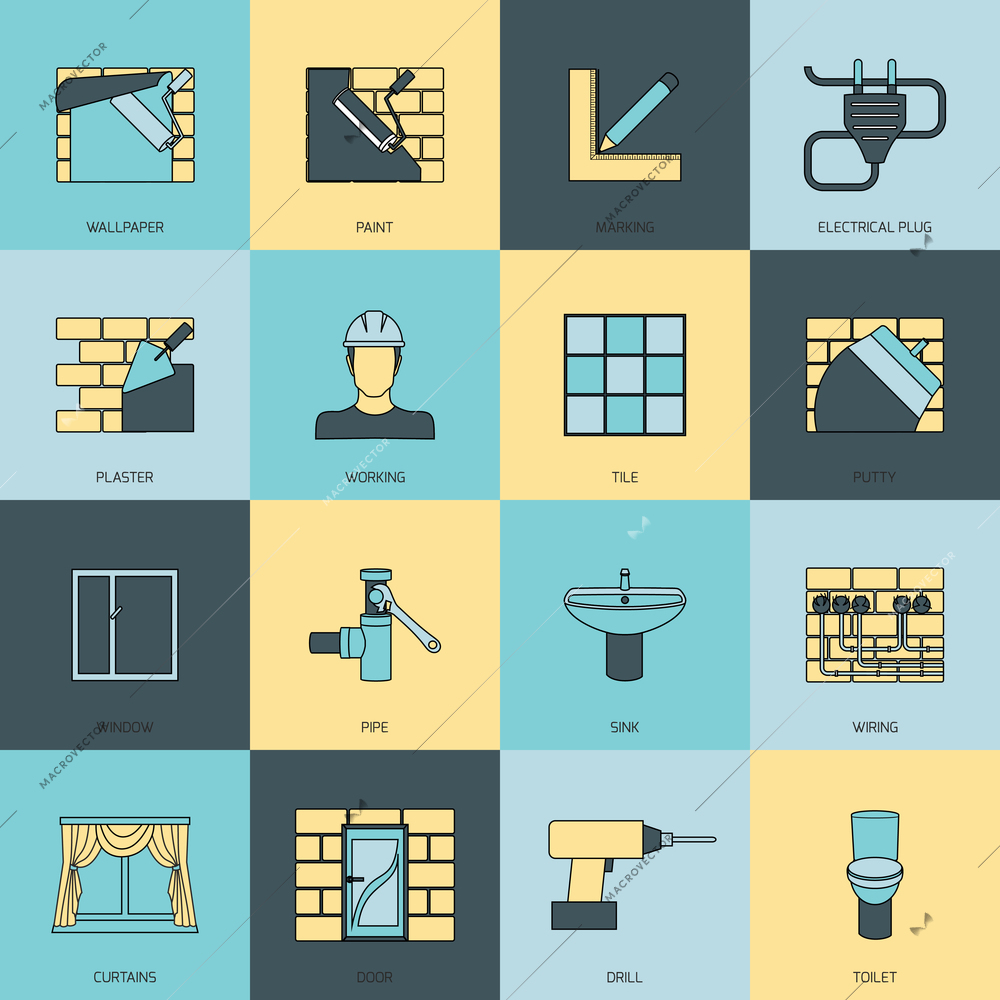 Home repair flat line icons set with wallpaper paint marking isolated vector illustration