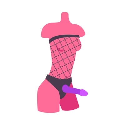 Sexy lingerie with purple strapon on mannequin in sex shop flat vector illustration