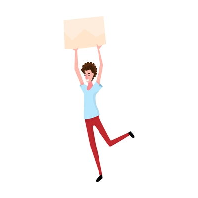 Flat happy character of protester holding blank placard vector illustration