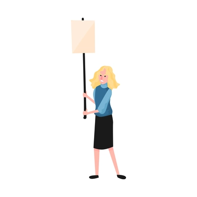 Angry protesting woman holding blank banner on stick flat vector illustration