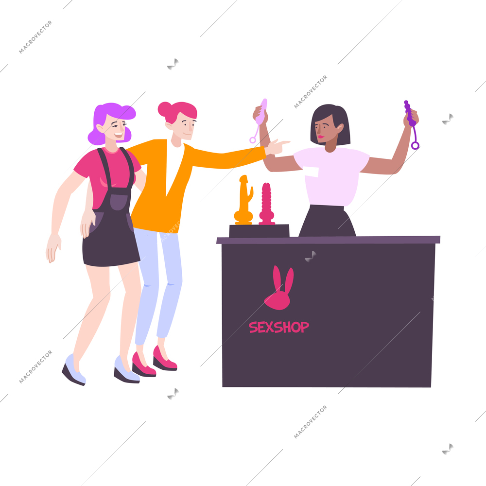 Flat icon with people buying toys at sex shop vector illustration