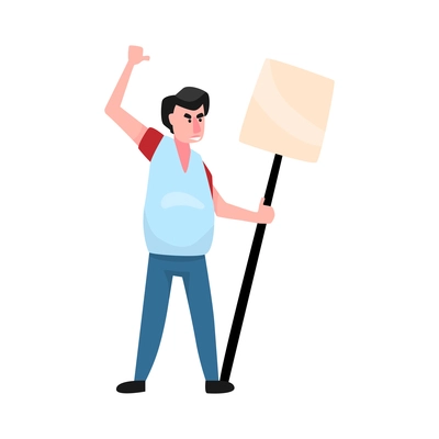 Angry man activist with blank placard on stick flat vector illustration