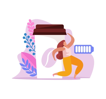 Flat caffeine stimulating effect icon with energetic character and cup of coffee vector illustration