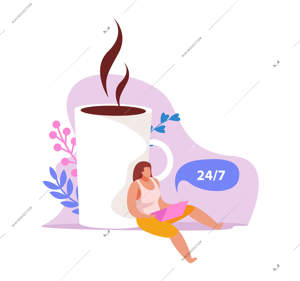 Caffeine stimulating effect flat icon with cup of hot coffee and woman working within 24 hours vector illustration