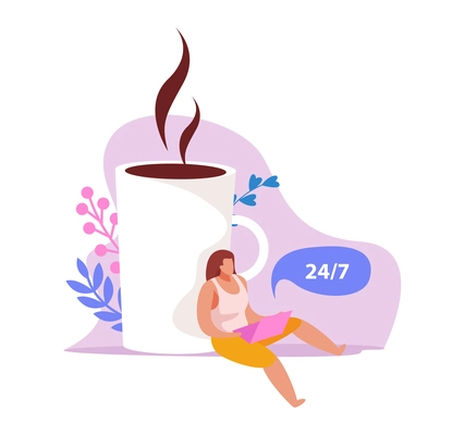 Caffeine stimulating effect flat icon with cup of hot coffee and woman working within 24 hours vector illustration