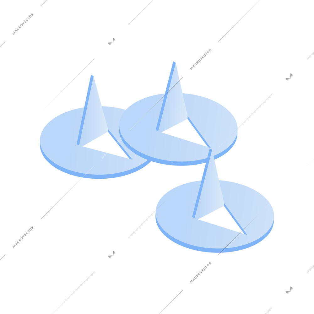 Three metal pushpins on white background isometric vector illustration