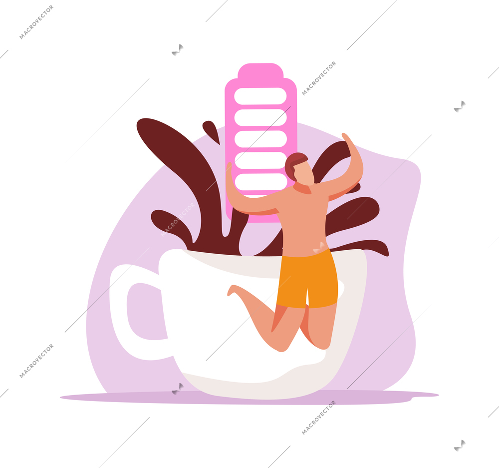 Caffeine stimulating effect flat icon with happy character coffee cup and full battery vector illustration