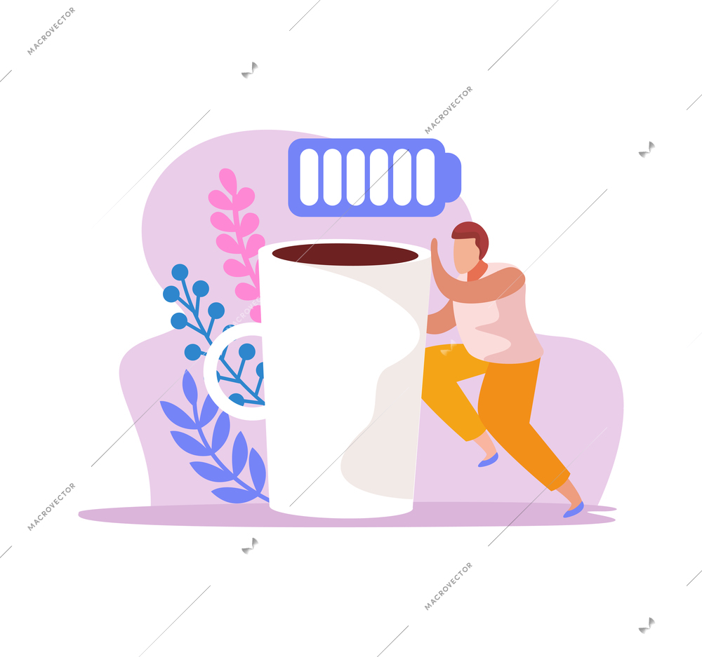 Caffeine stimulating effect flat icon with male character cup of coffee and full battery vector illustration