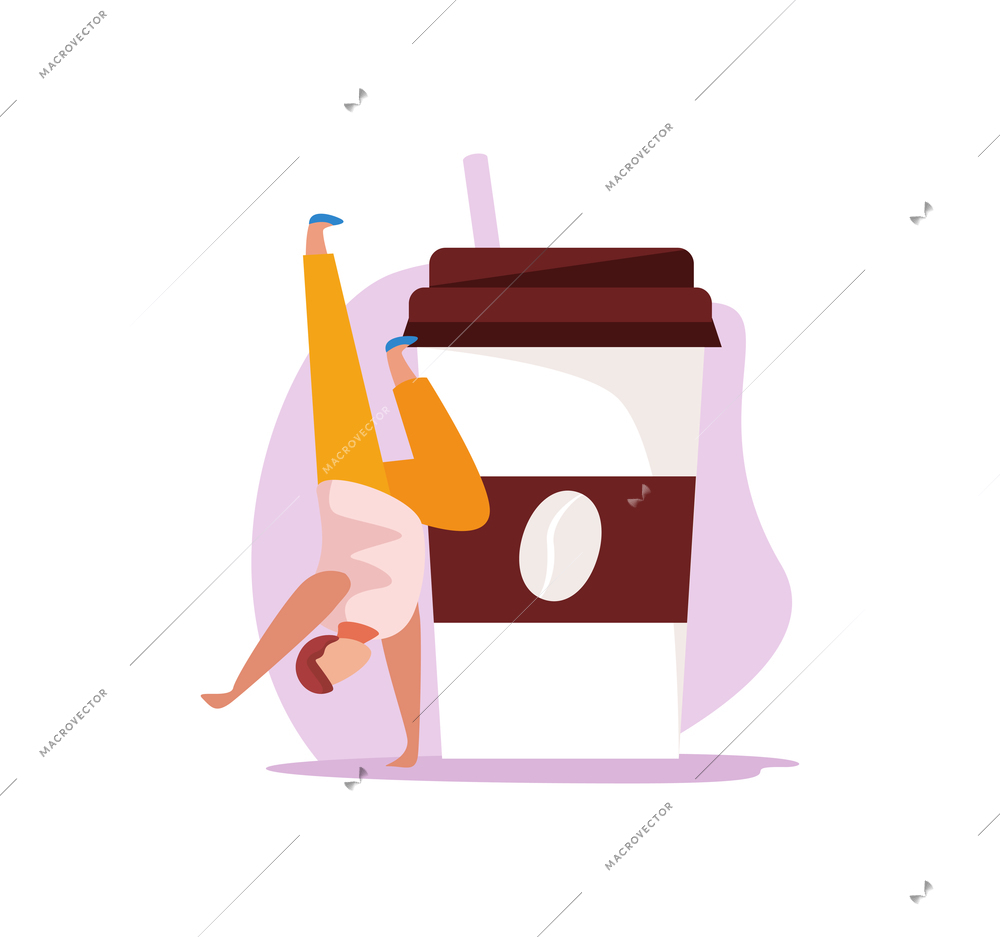 Caffeine stimulating effect flat icon with coffee cup and dancing energetic character vector illustration
