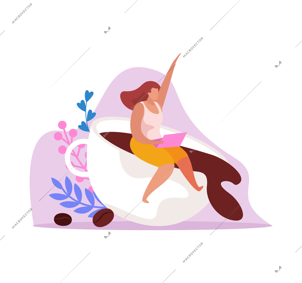Caffeine stimulating effect flat icon with energetic character and cup of coffee vector illustration