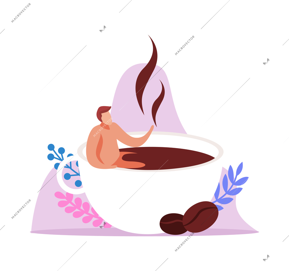 Caffeine stimulating effect flat composition with man relaxing in cup of coffee vector illustration