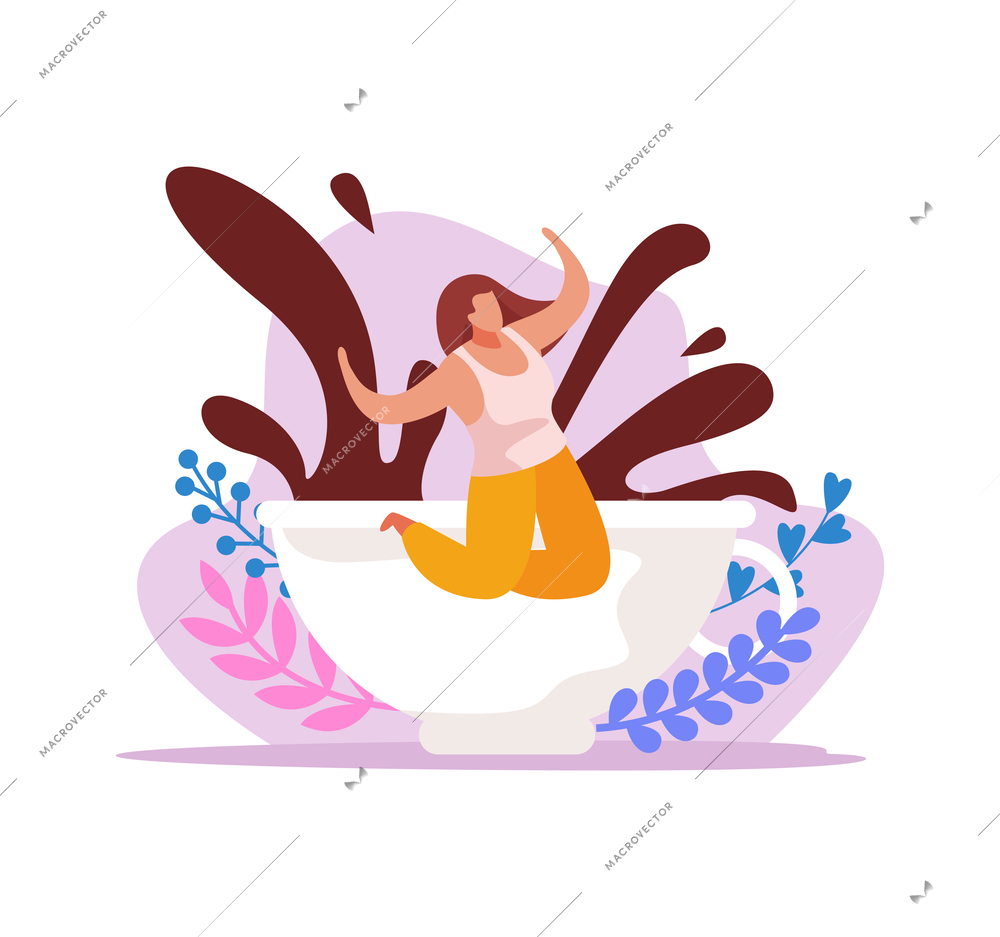 Caffeine stimulating effect composition with happy woman and coffee splashes in cup flat vector illustration