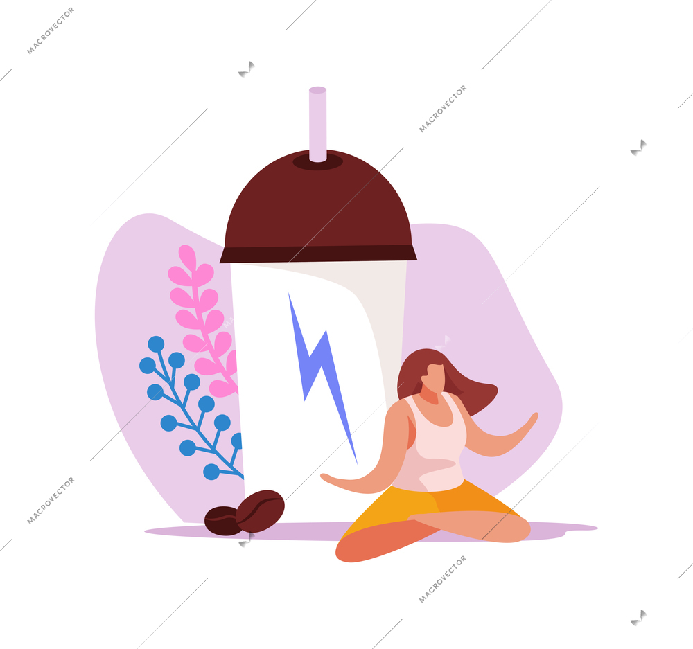 Caffeine stimulating effect flat icon with relaxed female character and plastic cup of coffee vector illustration