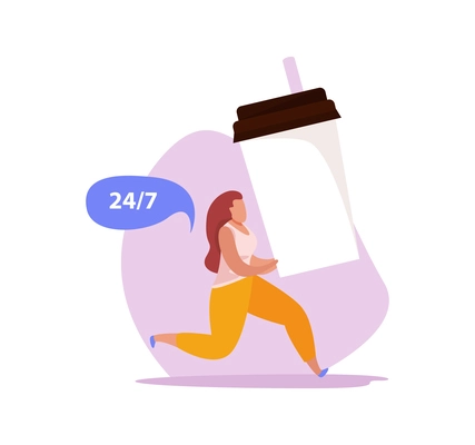 Caffeine stimulating effect flat composition with female character running with plastic cup of coffee vector illustration