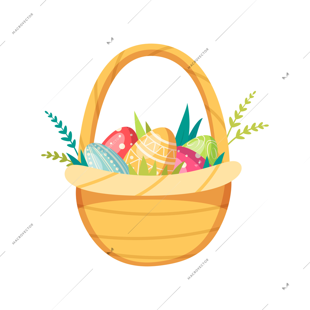 Cartoon wicker basket with colorful painted easter eggs and green twigs vector illustration