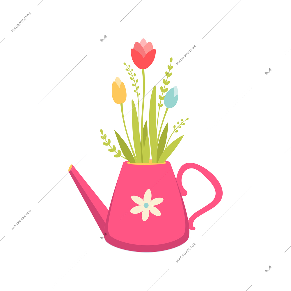 Cartoon bunch of colorful tulips in pink watering pot vector illustration