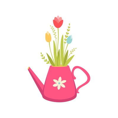 Cartoon bunch of colorful tulips in pink watering pot vector illustration