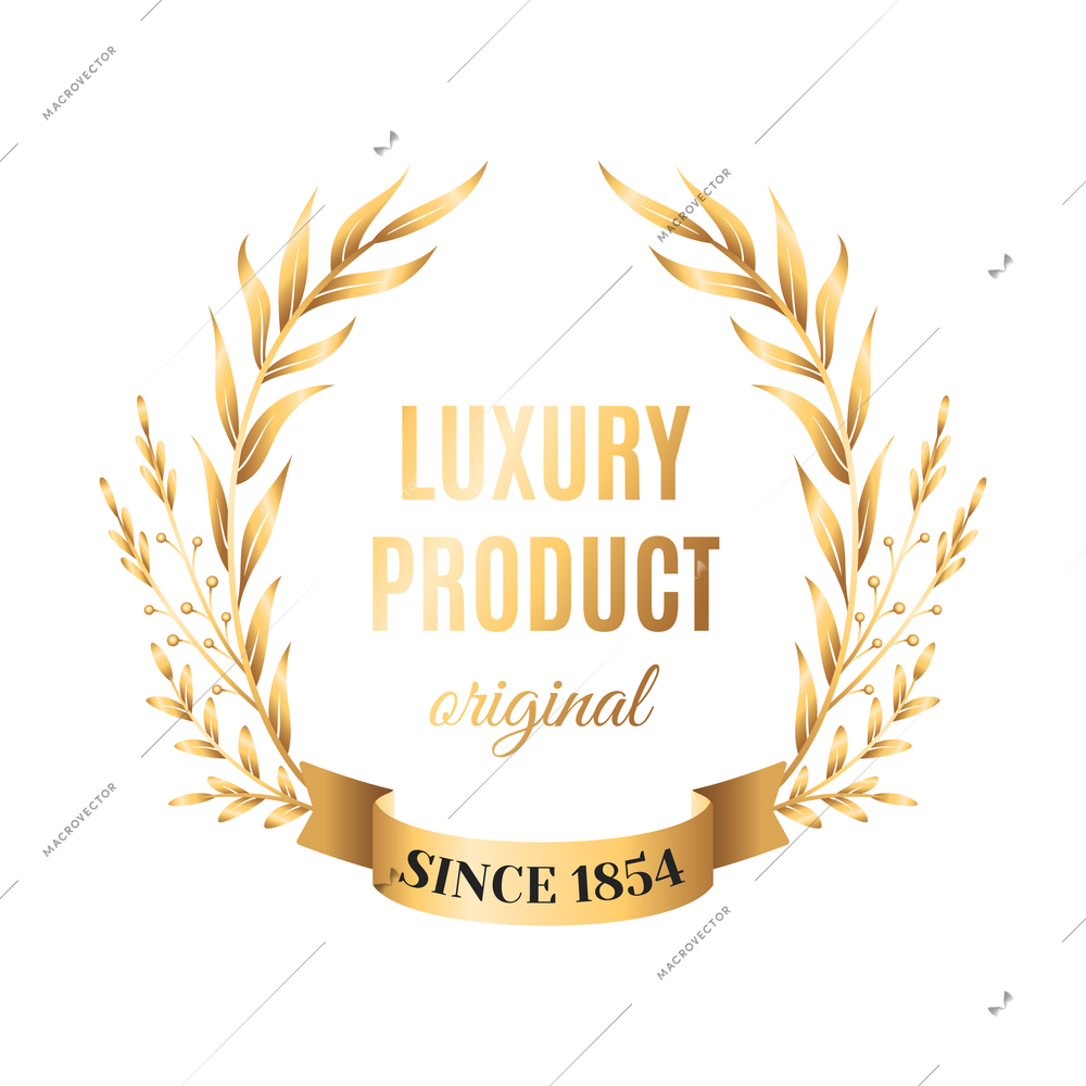 Realistic luxury product emblem template with gold wreath vector illustration