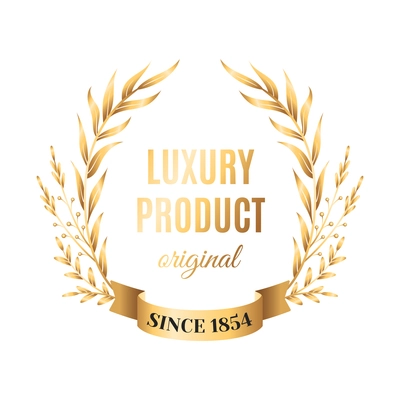 Realistic luxury product emblem template with gold wreath vector illustration