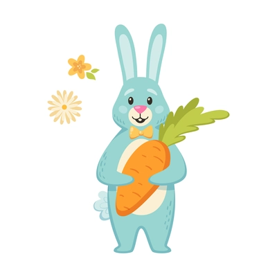 Easter cartoon composition with flowers and happy rabbit holding carrot isolated vector illustration