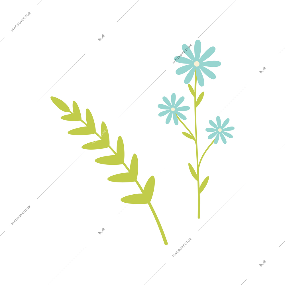 Cartoon cornflower and green twig on white background isolated vector illustration