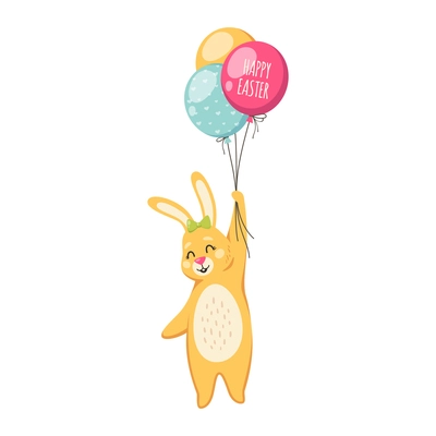 Easter cartoon icon with cute rabbit holding three colorful balloons vector illustration